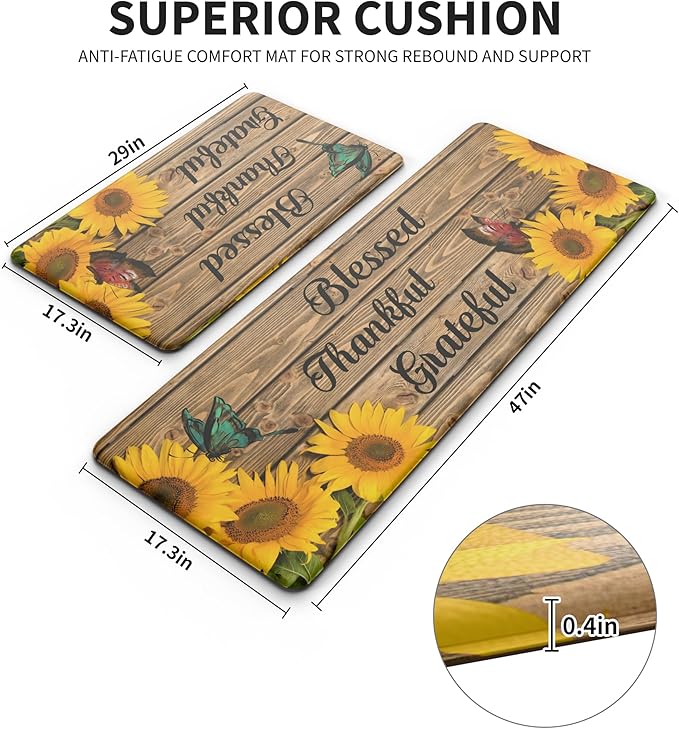 MAYHMYO Sunflower Kitchen Mat Set of 2 - Anti Fatigue Mats for Kitchen Floor - Non Slip Cushioned Rugs for Standing (17.3"×29"+17.3"×47"-0.4") Wood Grain