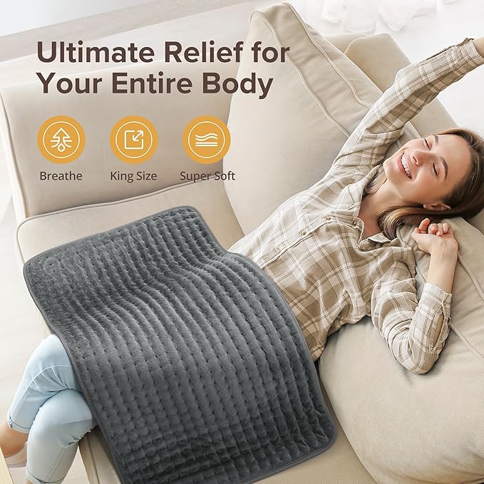Heating Pad for Back Pain Relief, 17" X 33" XXX-Large Heating Pads for Cramps,Electric Heating Pad XL with 6 Fast Heating Settings,Moist Dry Heat Options,Auto-Off,Machine Washable, Light Gray