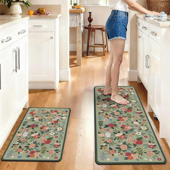 Anti Fatigue Boho Kitchen Rugs Set of 2, Floral Kitchen Mats for Floor, Farmhouse Kitchen Decor, Anti-Slip and Anti-Fatigue Foam Standing Mat,17x30 inch Sink Mat+17x48 inch Runner Rug Green