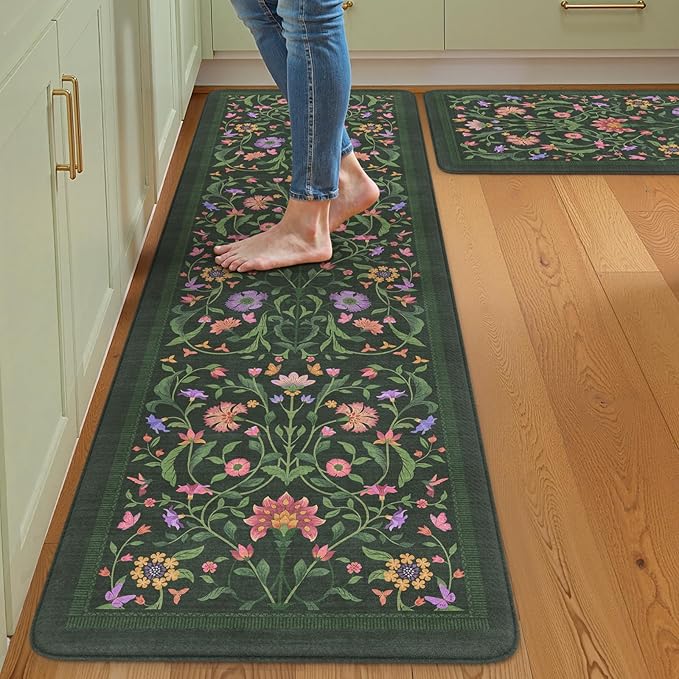 Collive Kitchen Mats Cushioned Anti Fatigue, Waterproof Kitchen Floor Mat Non Slip Desk Rugs Comfort Standing Rug for Sink, Office, Laundry, Home Decor, 17.3"x29"+17.3"x59", Green