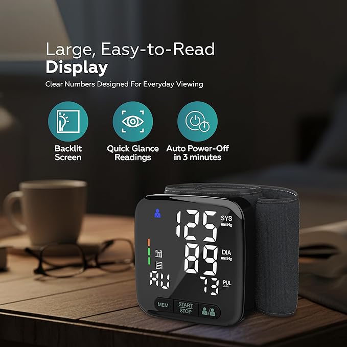 Wrist Blood Pressure Monitor for Home Use – FDA 510(k) Cleared Class II Medical Device, Digital Wrist Cuff 13.5–21.5 cm, Large 2.9" LED, Dual User, Travel Case (U60AH)