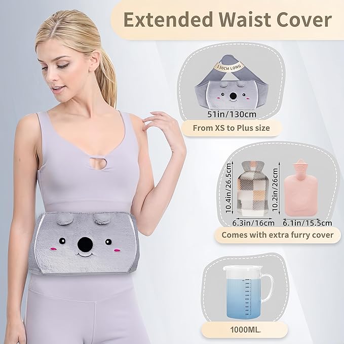 Hot Water Bag, Hot Water Bottle wtih Cover, 1L Rubber Warm Hot Water Bottles Pouch with 130cm Long Soft Waist Cover for Neck, Shoulder, Back, Hand, Legs and Period Pain Relief