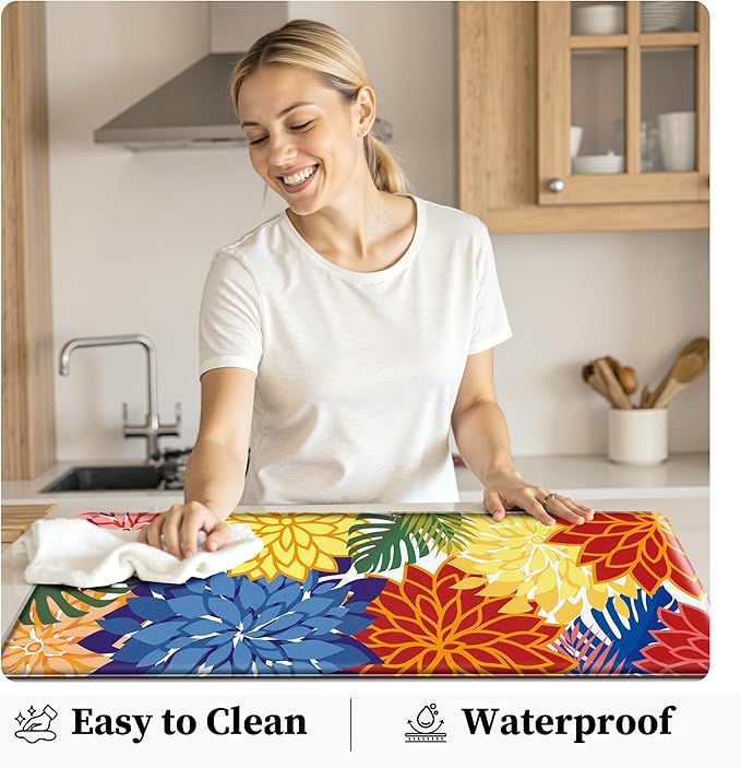 Kitchen Mats for Floor 2PCS Cushioned Anti Fatigue Kitchen Mats Waterproof Non Slip Kitchen Mat Rug Set Comfort Foam Standing Mat for Sink, Laundry, Office,17.3" x 28" + 17.3" x 59", Colorful