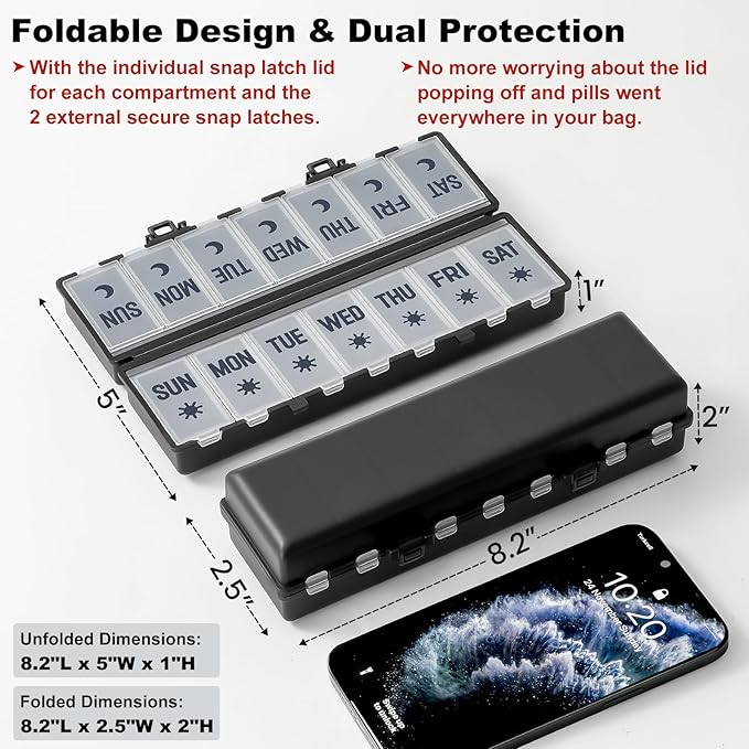 Foldable Pill Organizer 2 Times a Day w/Etched Labels -Dual Protection & Portable Weekly AM PM Pill Box, 7 Day Medicine Container, Large Travel Pill Case for Week Daily Supplement Vitamin - Black