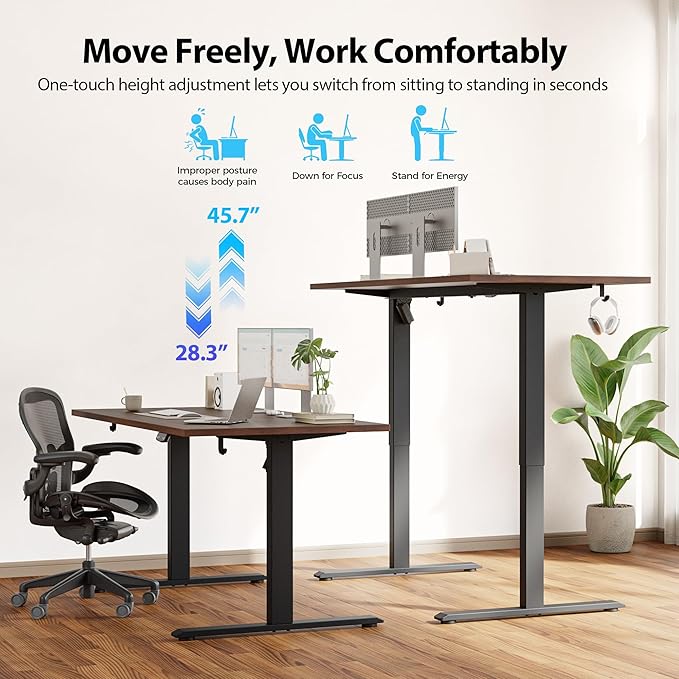 Agilestic Electric Standing Desk, 55 x 28 Inches Height Adjustable Desk, Sit Stand up for Work Office Home, Ergonomic Rising Computer Table with Memory Preset, Dark Walnut