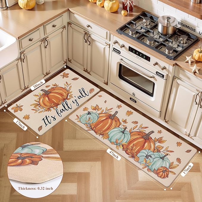 U'Artlines Fall Kitchen Rugs Sets of 2, Anti Fatigue Mats for Kitchen Floor Printed on Both Sides, Non Slip Waterproof Fall Kitchen Mats with Pumpkin Leaves Fall Decor Pattern 17"x28"+17"x47"