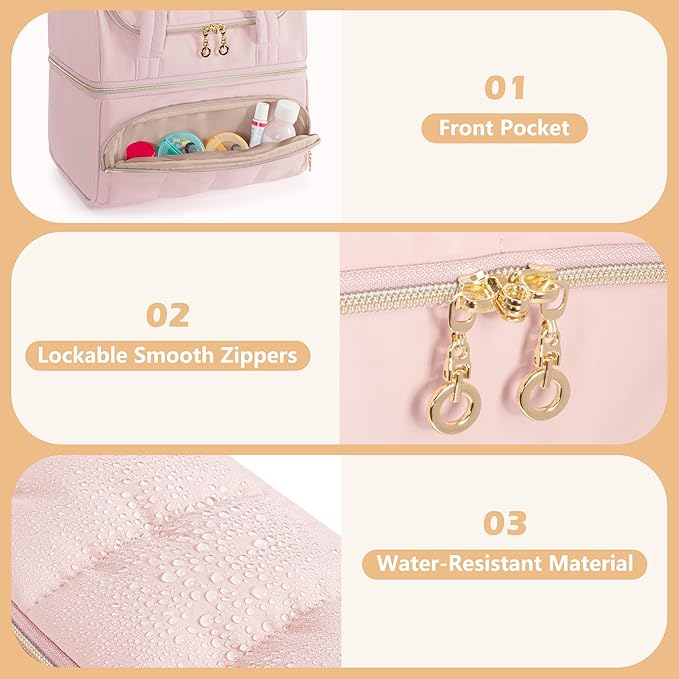 Damero Double Layers Medicine Bottle Organizer, Lockable Pill Bottle Organizer Medicine Bag with Lockable Zipper and Detachable Dividers for Medication, Vitamins or Medical Supplements, Pink