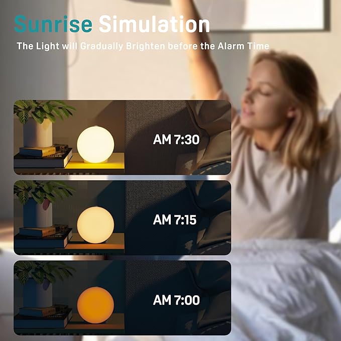 JALL Sunrise Alarm Clock White Noise Sound Machine with 22 Soothing Sounds, 17 NightLights, Bluetooth Speaker, Wake Up Light Alarm Clock for Bedrooms, Heavy Sleepers, Ideal Gift for Baby, Kids Seniors