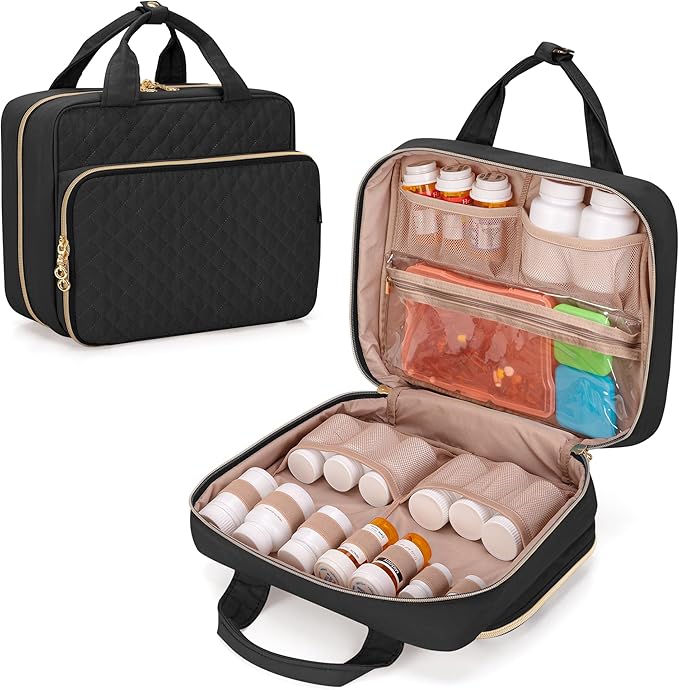 Damero Pill Bottle Organizer, Travel Medicine Bag Organizer, Medicine Organizer and Storage for Pills, Vitamin, Fish Oil, Medical Supplements for Women and Men, Black