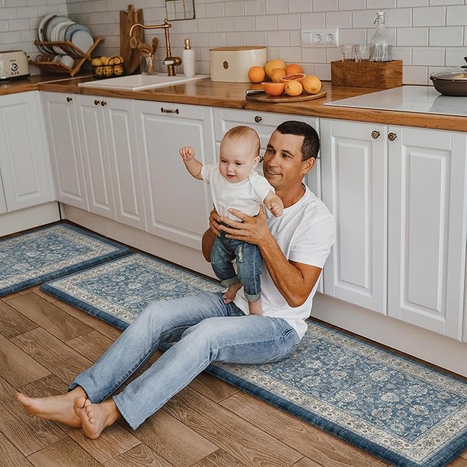 KIMODE Anti Fatigue Kitchen Mats for Floor, Boho Distressed Blue Kitchen Rugs Sets of 2, Padded Kitchen Floor Mats Non Slip, Cushioned Standing Mats for Sink, Laundry, Desk 17"x59"+17"x29"
