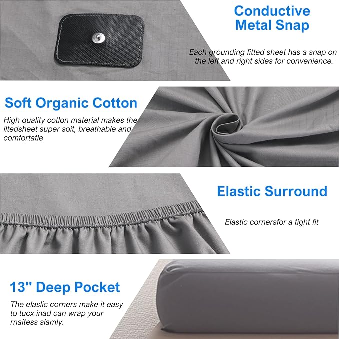 grounding Sheets King cotton ,Grounding Fitted Sheets with Grounding Cord,Pain Reliefand Helps Sleep- Earth Connected Bedding(Gray, King)