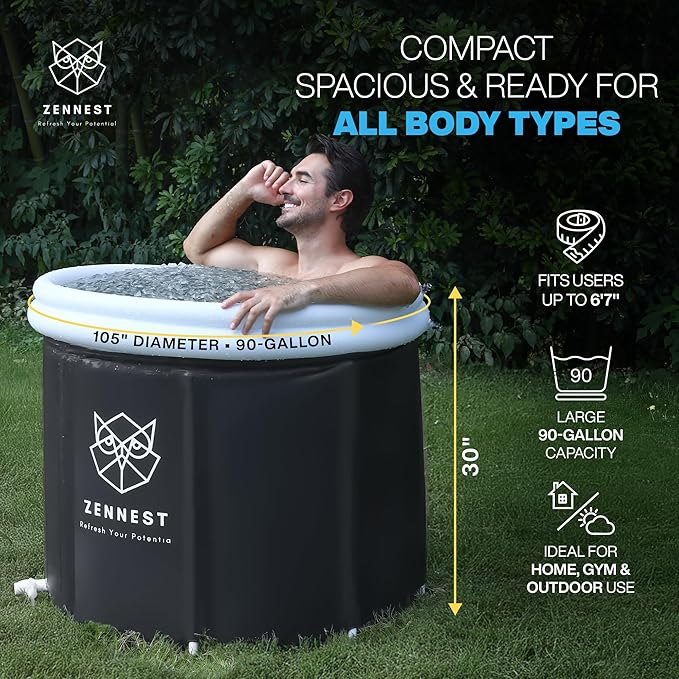 Patented Leak Guard Ice Bath Tub for Athletes – 90 Gal XL Cold Plunge Tub, 6-Layer Insulated Portable Bathtub for Adults, Air-Cavity Thermal Shield, 2-in-1 Hot & Cold, Outdoor/Indoor + eBook