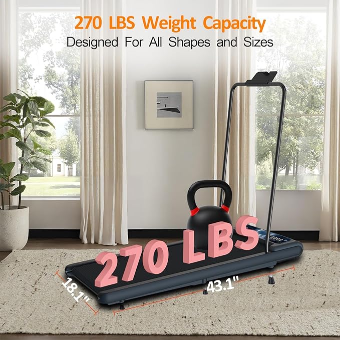 Walking Treadmill Pad with Removable Handle,2.5HP Portable Treadmills for Home &Office, Under Desk Treadmill with 8% Incline，Treadmill with Remote Control &LED Display