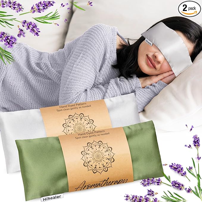 Eye Pillow for Sleeping, Headache Relief, Sinus Pressure, Weighted Eye Mask for Relaxation, Yoga, Moist Heat Eye Compress, Meditation Accessories, Lavender Gift Set for Women (Green & Silver (Silk))
