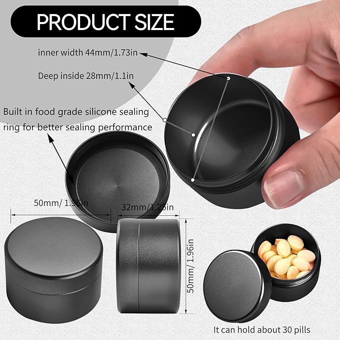 Small Daily Pill Box - Portable Waterproof Metal Pill Case for Pocket or Purse Aluminium Alloy Round Travel Pill Container Storage Container 2 Pieces (Black Grey)