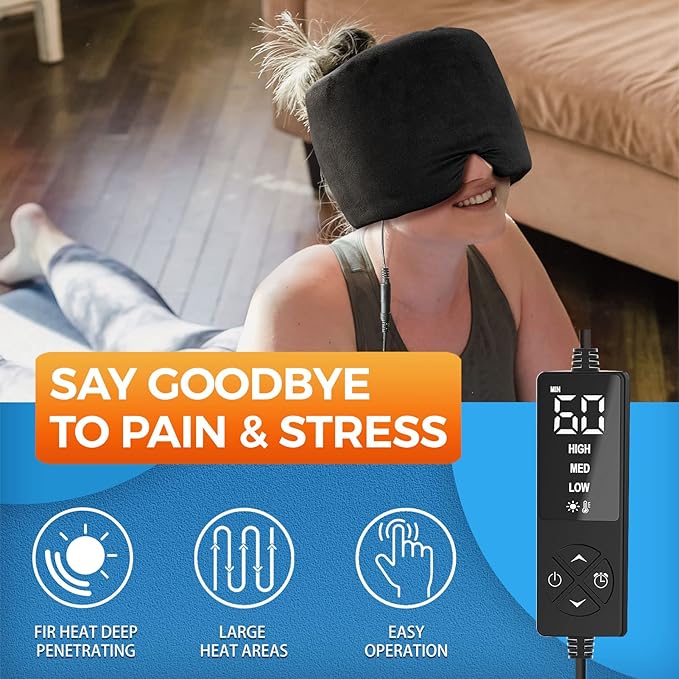 sticro Form Fitting Heated Headache Cap, 3 Temp Settings Steam Migraine Hat Heated Eye Mask for Dry Eyes, Sinus Pressure Relief, Tension Headache (Large)
