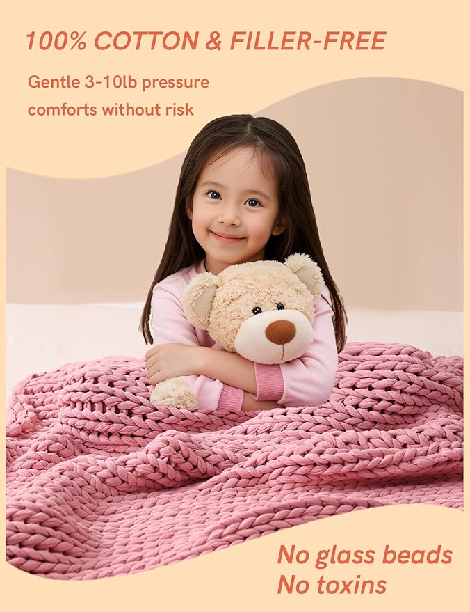 YnM Cooling Weighted Blanket, 100% Cotton Handmade Chunky Knitted Blanket, Weighted Lap, Breathable Heavy Blankets, Machine Washable Throw for Sleep or Home Decor (Light Pink, 35x40 Inch, 5lbs)