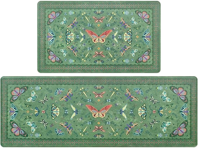 Yinhua Kitchen Rugs Sets of 2, Green Insect Kitchen Rugs Non Slip Washable, Farmhouse Anti Fatigue Mats for Kitchen Floor, PVC Waterproof Rug for Spring Summer, 18"x30"+18"x48"