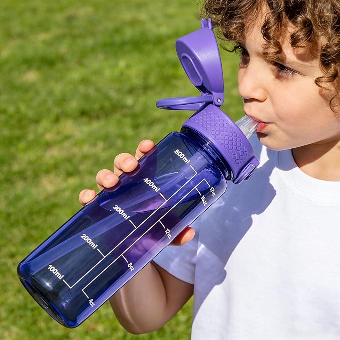 GOPPUS 17oz Kids Water Bottle for School -Straw, Leak-Proof Tritan Sports Bottle Time Marker Reusable for Girls Boys