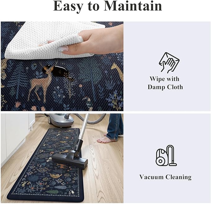 KIMODE Anti Fatigue Mats for Kitchen Floor,Farmhouse Animal Forest Kitchen Rugs Sets of 2 Non Slip,Comfort Cushioned Padded Kitchen Floor Mats for Laundry Sink Office,Dark Blue