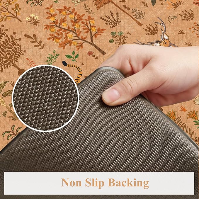 KIMODE Kitchen Floor Mats for Floor Cushioned Anti Fatigue Animal Forest Kitchen Rugs Sets of 2,Padded Memory Foam Under Kitchen Sink Mat for Laundry Decor,Orange Light Brown