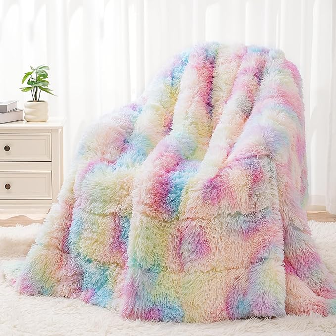 Wemore Shaggy Long Fur Faux Fur Weighted Blanket,Cozy and Fluffy Plush Sherpa Long Hair Blanket for Adult 15lbs,Fluffy Fuzzy Sherpa Reverse Heavy Blanket for Bed,Couch, Rinbow 60 x 80 Inches