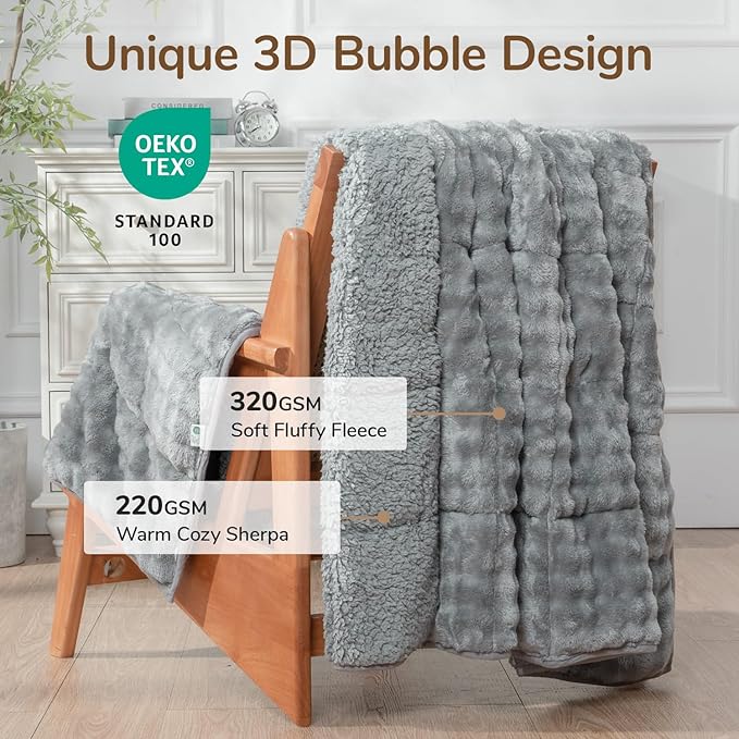 Cottonblue Weighted Blanket for Adults Queen Size 15 lbs, Soft Fuzzy Fleece Sherpa Weighted Throw Blankets 60x80 inches, Warm Cozy Fluffy Bubble GreyWinter Heavy Blanket for Bed Sofa Women Men Present