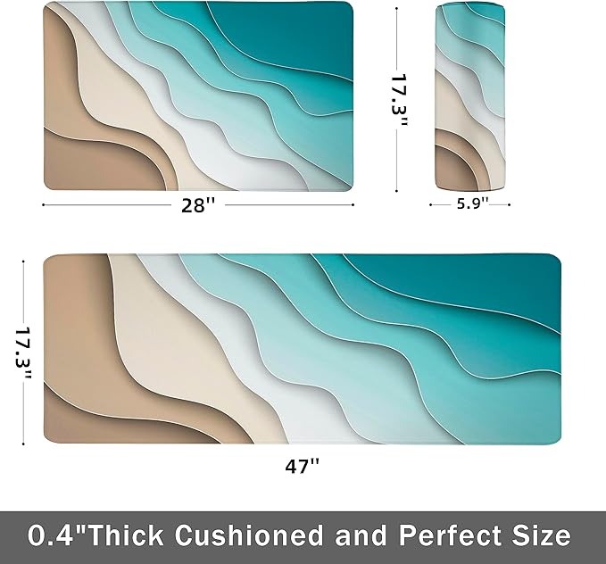 Kitchen Mats for Floor Anti Fatigue Floor Blue Cushioned Memory Foam Non Slip PVC Leather Padded Comfort Standing Rugs Set of 2, 17.3x28+17.3x47 Inch, 0.4 Inch Thick