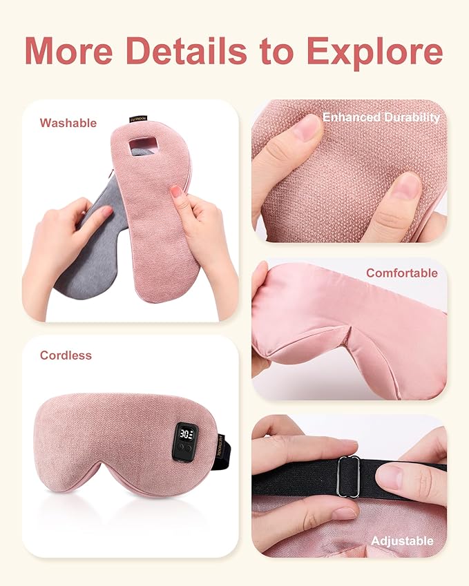 Heated Eye Mask for Dry Eyes: Warm Compress for Digital Tired Eyes, Stye Relief - Cordless, Adjustable Heat & Timer Settings - Airplane/Road Travel, Sleep aid, Office nap Pink