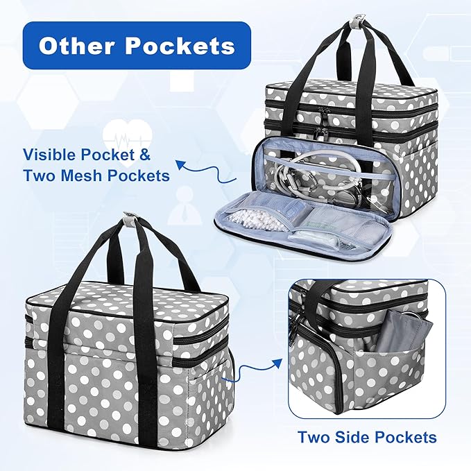 BAFASO Double Layer Medicine Bag with 2 Detachable Pouches, Pill Bottle Organizer for Travel and Daily Use (Bag ONLY), Polka Dots