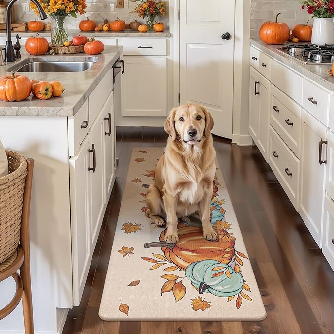 U'Artlines Fall Kitchen Rugs Sets of 2, Anti Fatigue Mats for Kitchen Floor Printed on Both Sides, Non Slip Waterproof Fall Kitchen Mats with Pumpkin Leaves Fall Decor Pattern 17"x28"+17"x47"