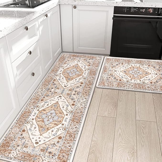 Pauwer Anti Fatigue Kitchen Mats for Floor 2 Piece Set, Cushioned Memory Foam Kitchen Rug, Non Slip Kitchen Runner Rug Carpet, Waterproof Kitchen Sink Area Rug Comfort Standing Mat for Kitchen Laundry