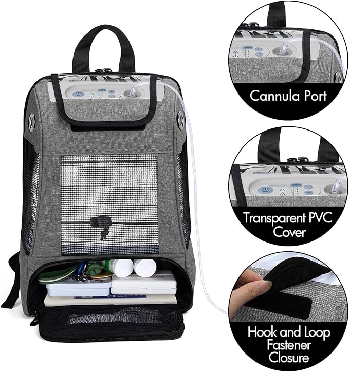 CURMIO Portable Oxygen Concentrators Backpack, POC Travel Carrying Bag with Mesh Panels for Breathability, Compatible for Inogen, Oxygo, Caire Units, Gray, BAG ONLY