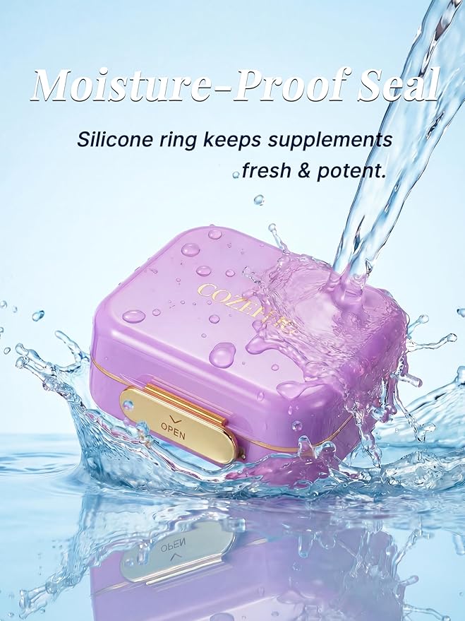 Small Pill Case Travel Pill Box with 7 Compartments for Purse - Compact Pill Organizer for Medicine Vitamin - Portable Container for Fish Oil & Supplements - Lavender