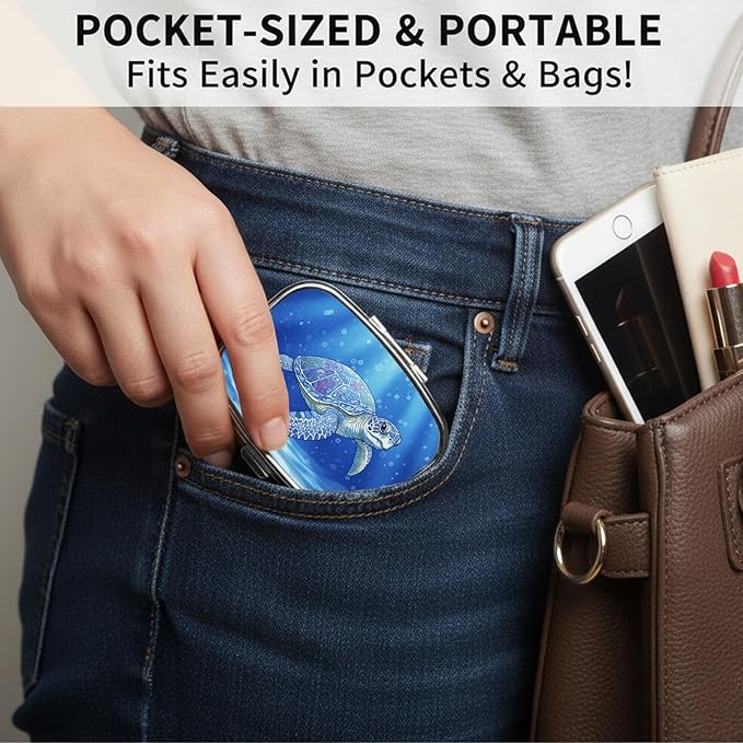 Square Pill Case Small Pill Box with Mirror Pocket 2 Compartment Vitamin Pill Medicine Case Organizer Pill Containers for Traveling Tranquil Sea Turtle