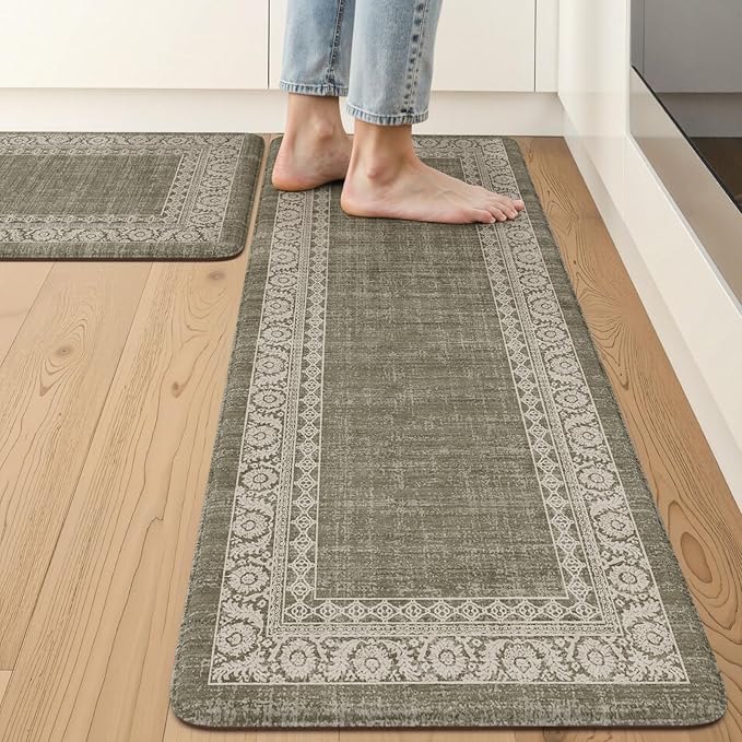 LEEVAN Green Kitchen Mats for Floor Sets of 2,Anti Fatigue Cushioned Memory Foam Kitchen Mat,Farmhouse Ergonomic Boho Non Slip Kitchen Floor Mat for Sink,Laundry,Home,Office,Desk(17''x29''+17''x47'')
