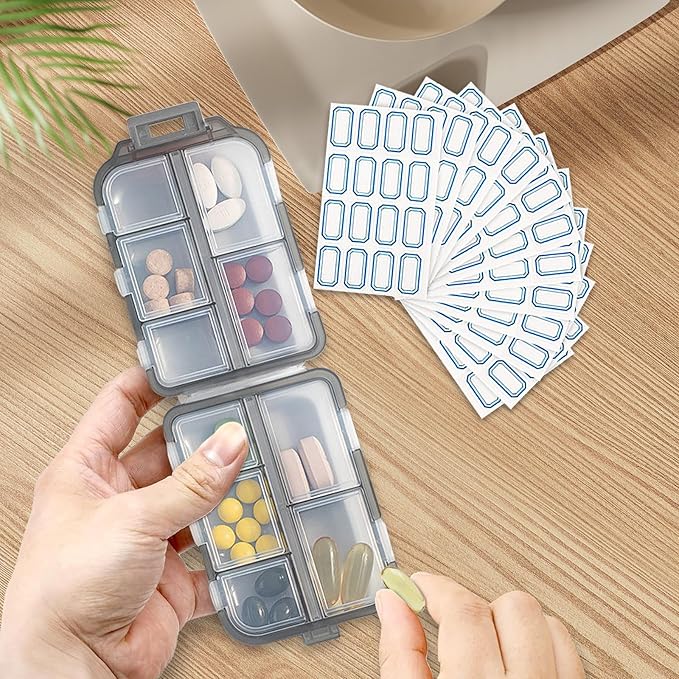 INVODA 12PCS 10-Compartment Pill Organizer BPA-Free Travel Pill Case with Daily Labels Portable Medicine Box for Vitamins, Supplements & Jewelry