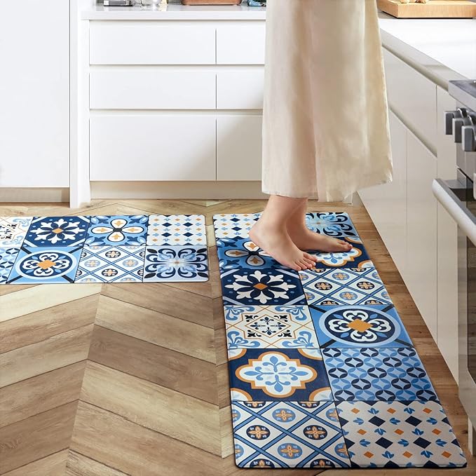 Ashler Kitchen Mats Anti-Fatigue Kitchen Rugs, Non-Slip Waterproof Kitchen Floor Mats, 2PCS Ergonomic Comfort Foam Standing Rug for Kitchen, Office, Floor, Laundry, Sink, 17x47 in & 17x29 in, Blue