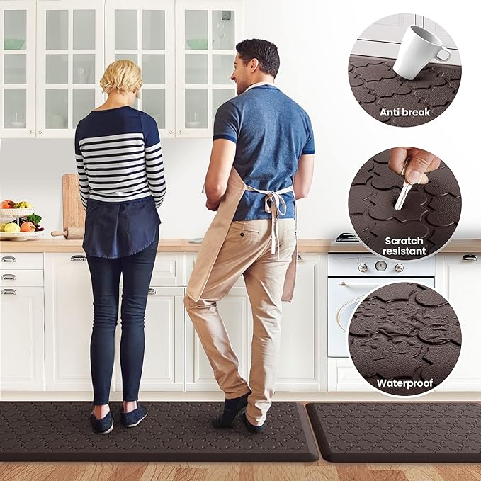 Kitchen Mat [2 PCS] Cushioned Anti-Fatigue Floor Mat Water Resistant Non-Skid Kitchen Mats and Rugs Ergonomic Comfort Foam Kitchen Rugs Standing Mat for Floor Office Sink Chocolate,17.3"x28"+17.3"x60"