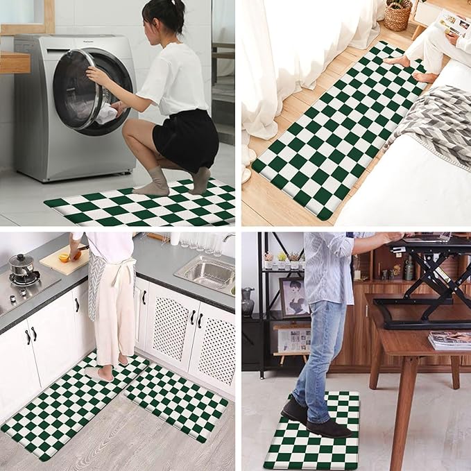 Bulijojo Green Buffalo Plaid Anti Fatigue Kitchen Floor Mats Set of 2 Waterproof Kitchen Sink Runner Rug Standing Mat Cushioned Kitchen Rugs Comfort Doormat 17"x47"+17"x30"