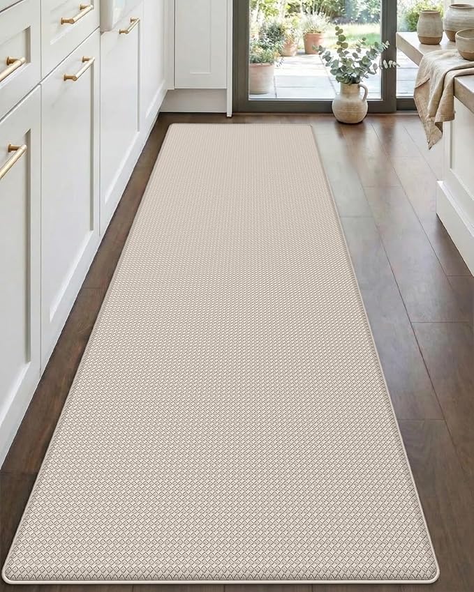 DEXI Kitchen Floor Mats Cushioned Anti Fatigue,17x59 Short Narrow Standing Runner Rug Waterproof, Comfort Memory Foam Padded for Front Sink Laundry, Beige