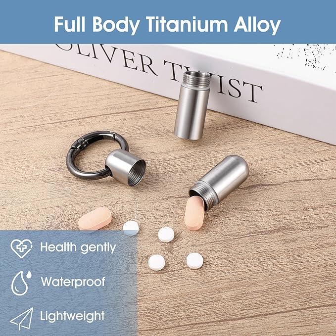 Small Pill Case Keychain Tiny Portable Pill Container Carabiner Clip Medicine Holder Bottle Mini Waterproof Metal Emergency Medicine Organizer for Travel Purse Outdoor Camping (2 Compartment)