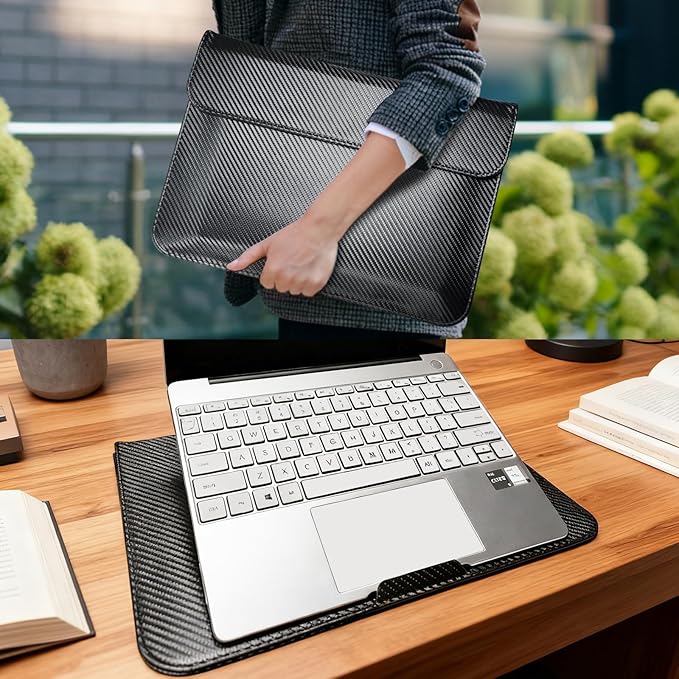 JXE JXO Faraday Bag for Laptops & Tablets, 16 Inch Laptop Sleeve Case with Laptop Stand, 2 Stand Modes, Slim Waterproof PU Leather Sleeve Cover Anti-Tracking Signal Blocking Pouch, Black