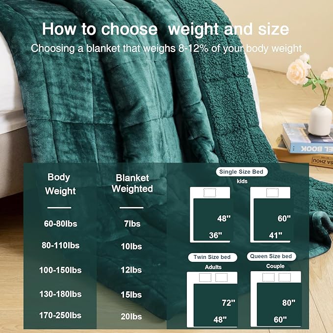 Aemicion Plush Sherpa Weighted Blanket Queen Size 15lbs - Soft Cozy Fleece Heavy Weighted Blanket, Breathable and Washable -Gift for Women Men-Green