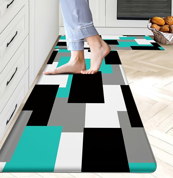 Teal Kitchen Rugs Set of 2 Cushioned Anti Fatigue Kitchen Mats for Floor Non-Slip Waterproof Kitchen Floor Mats Geometric Ergonomic Cushioned Comfort Standing Mat for Laundry, Office, Sink