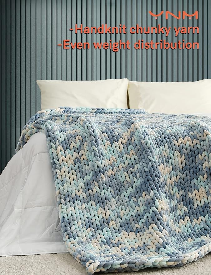 YnM Weighted Blanket, Handmade Chunky Knitted Design, Soft and Cozy, Temperature Regulating and Breathable, Machine Washable Throw for Sleep or Home Decor (Light Blue Tie-Dyed, 60x80 Inch, 15lbs)