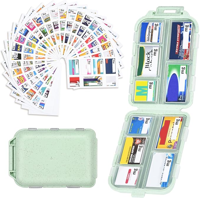 Travel Pill Organizer with Medicine Labels, 10 Compartments Travel Medicine Organizer Daily Small Pill Container Travel Pill Box Purse Pill Case (Green, 189 Lables)
