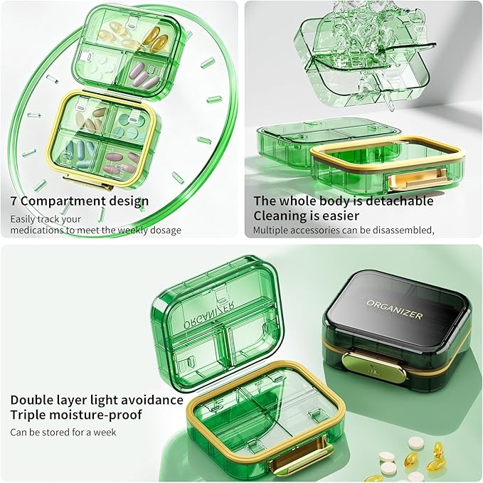 Travel Pill Organizer, Waterproof Weekly Pill Box 7 Day, Portable Container for Purse Pocket, Removable Compartments Daily Supplements Case, Airtight Storage for Outdoor (Green)