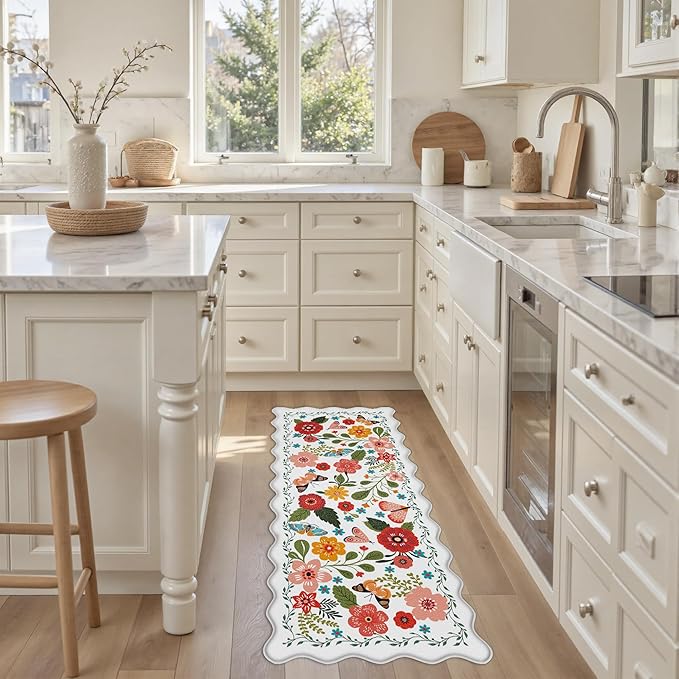 Scalloped Kitchen Mats for Floor Cushioned Anti Fatigue Kitchen Mats Rugs Waterproof Non Slip Farmhouse Boho Floral Comfort Foam Standing Mat for Sink Laundry, White, 17.3x47