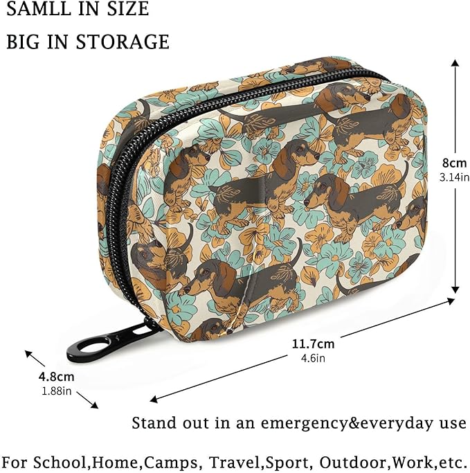 Fustylead Retro Cute Dachshund Dogs and Green Flowers Pill Organizers 2 Times A Day Pill Case Bag with Zipper Portable Weekly Pill Dispensers for Vitamin Supplement